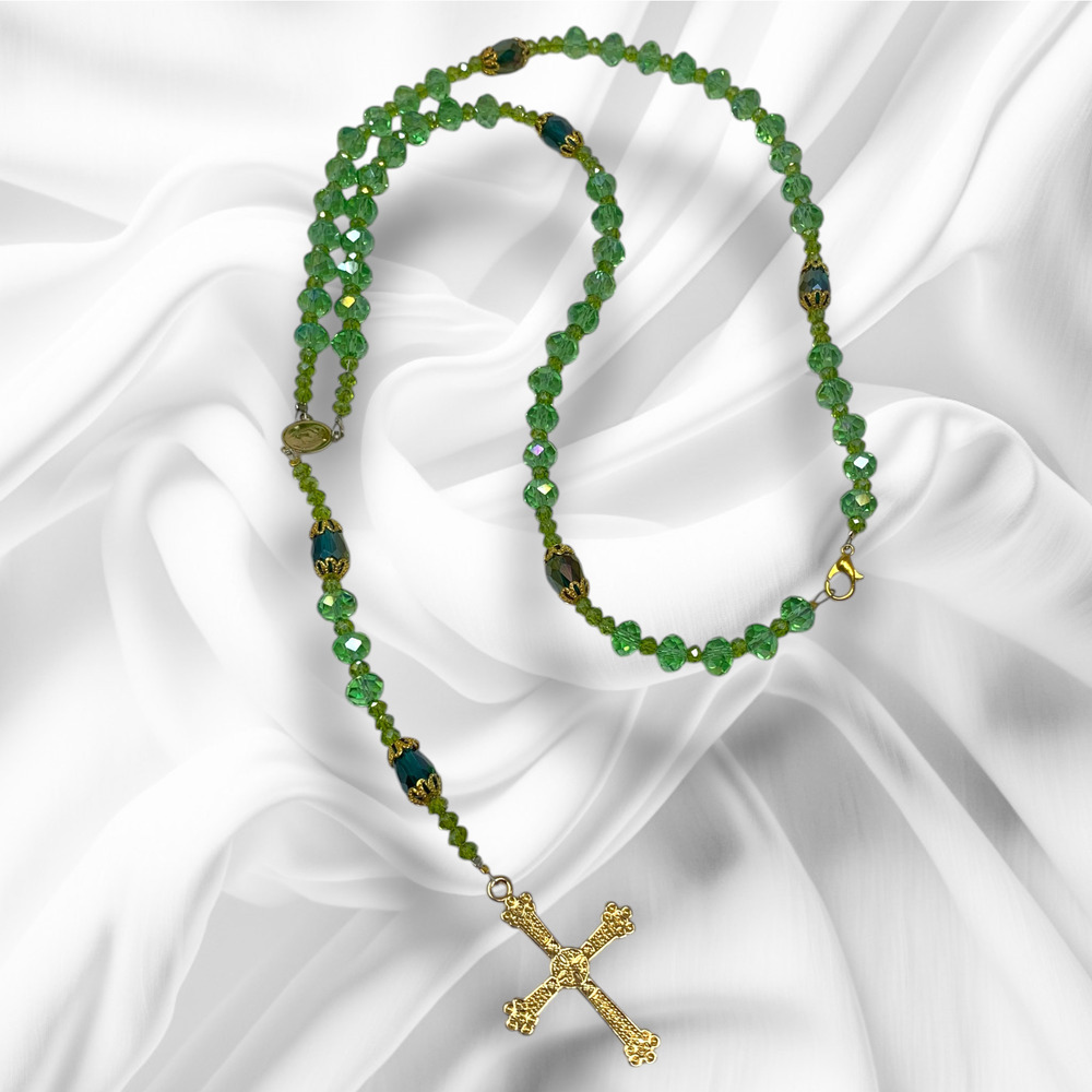 Vintage 1990's Green Glass Rosary Gold Tone Crucifix Catholic Prayer Beads